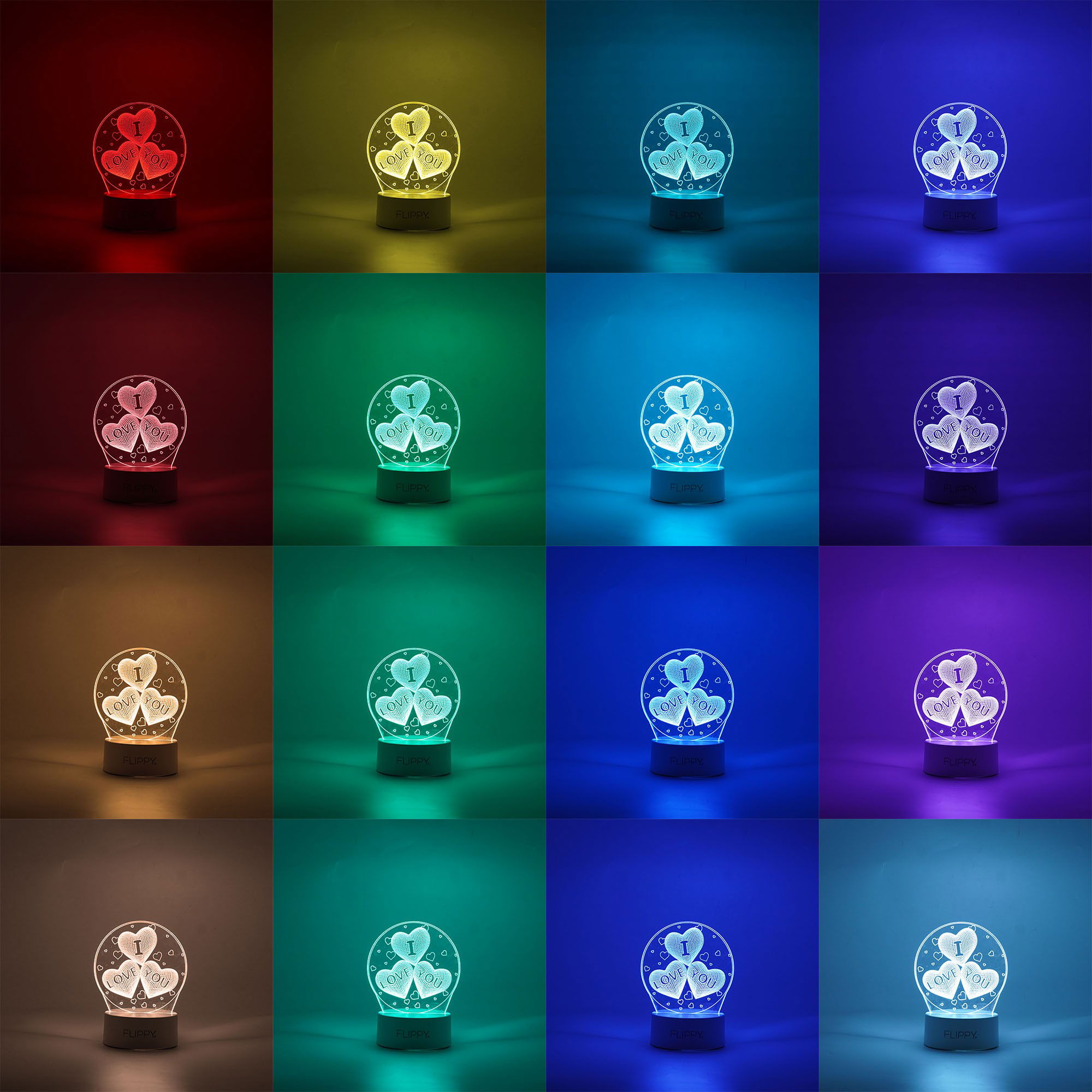 Lampi de veghe - Lampa LED decorativa, Flippy, 3D, cu text "I love you", doua moduri de alimentare USB si baterii, 20 cm inaltime, din material acril si lumina multicolora, alb