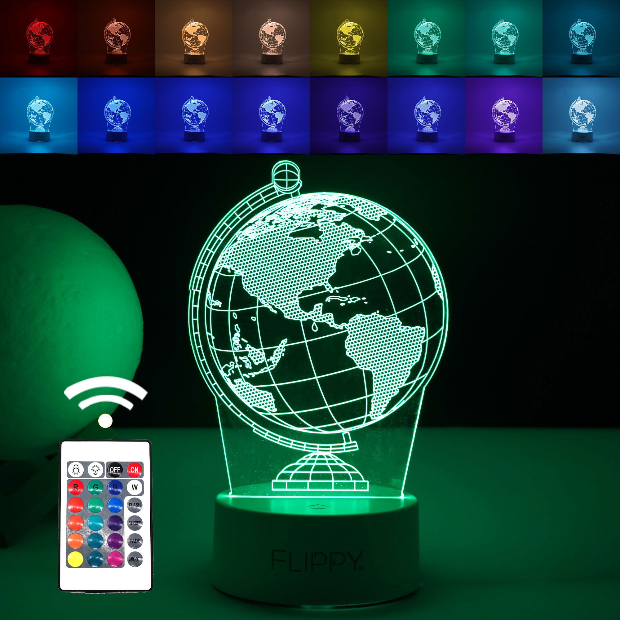 Lampi de veghe - Lampa LED decorativa, Flippy, 3D, Globul Pamantesc, doua moduri de alimentare USB si baterii, 20 cm inaltime, din material acril si lumina multicolora, alb