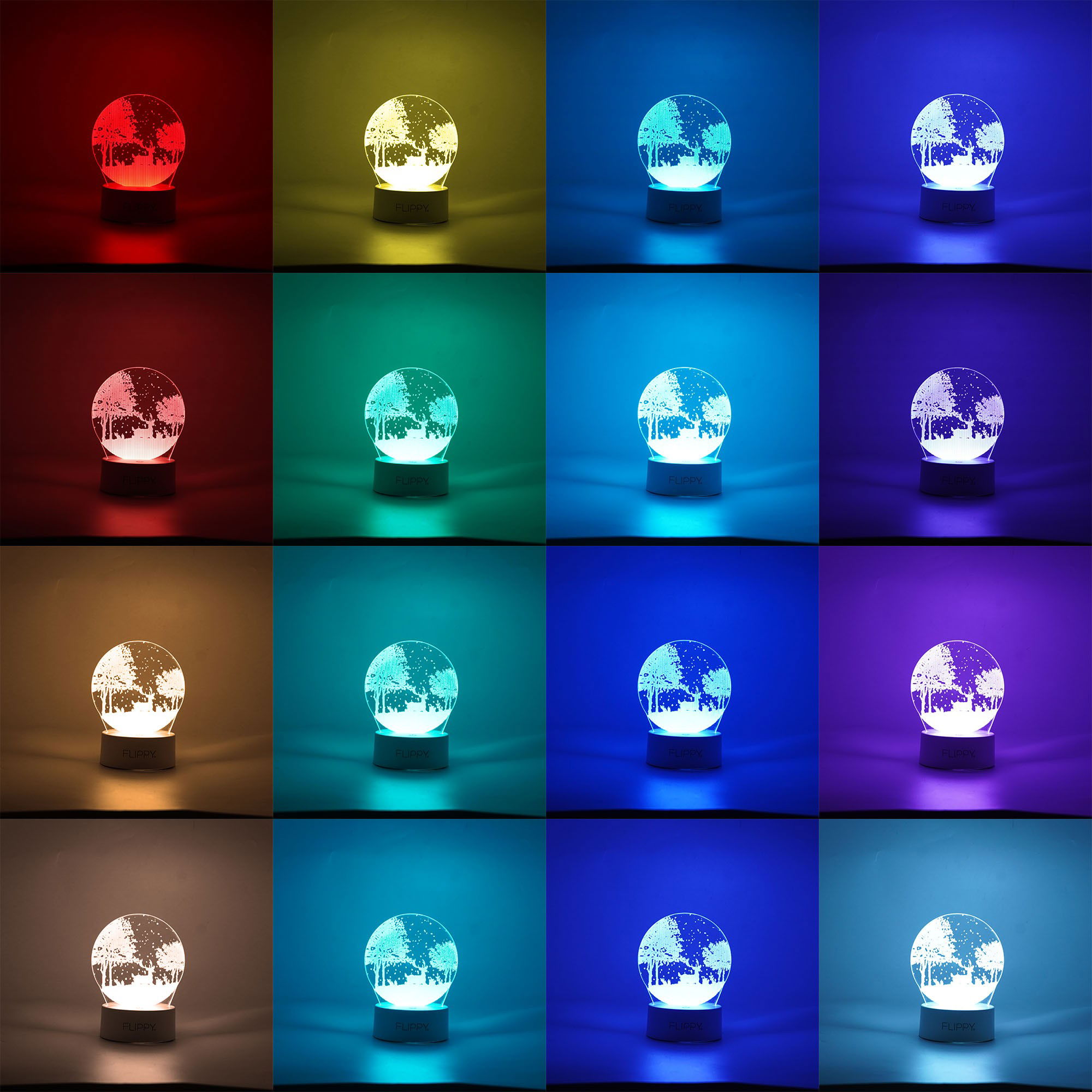 Lampi de veghe - Lampa LED decorativa, Flippy, 3D, Peisaj de iarna, cu telecomanda, doua moduri de alimentare USB si baterii, 20 cm inaltime, din material acril si lumina multicolora, alb