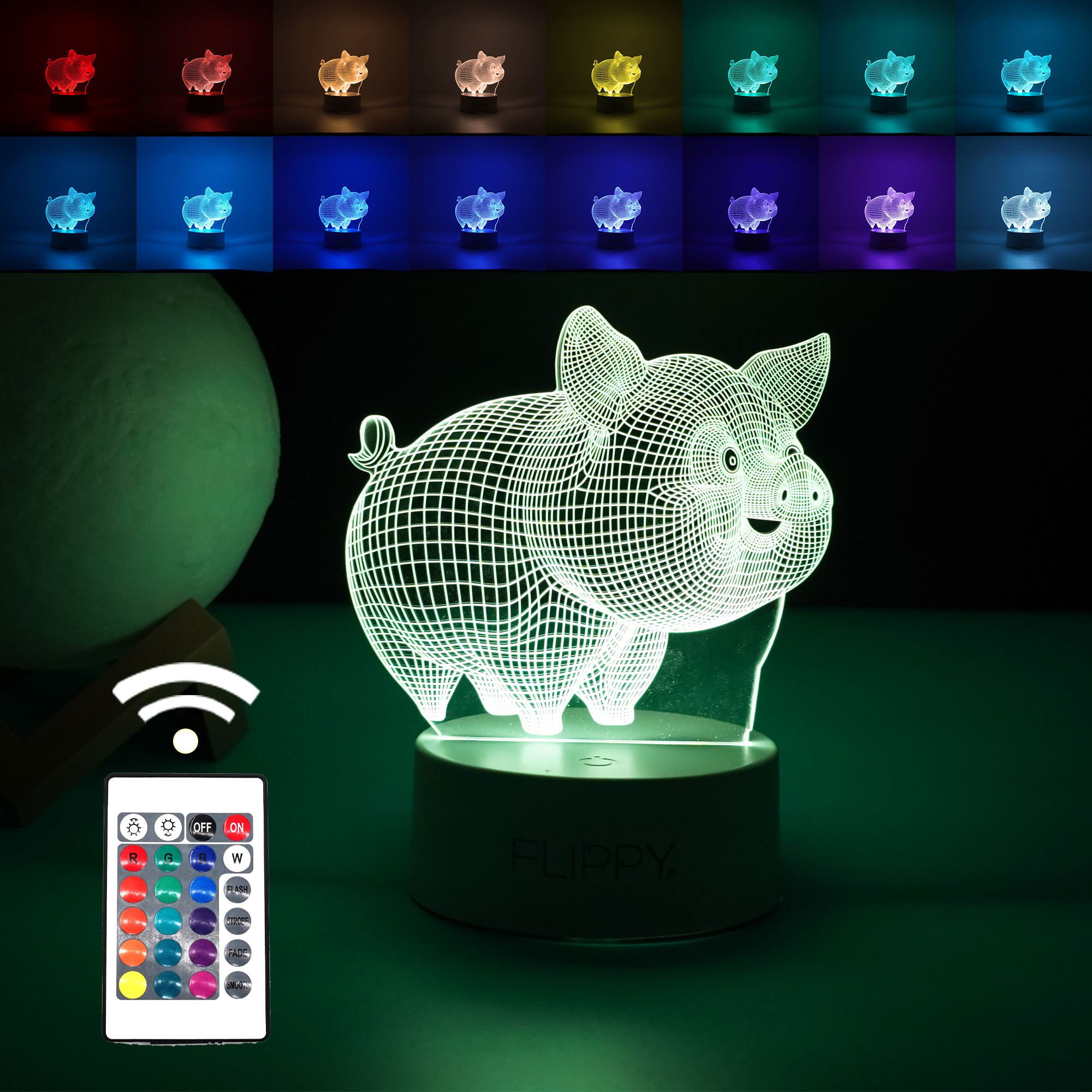 Diverse Casa - Lampa LED decorativa, Flippy, 3D, Porcusor Gras, din material acril si lumina multicolora, alb