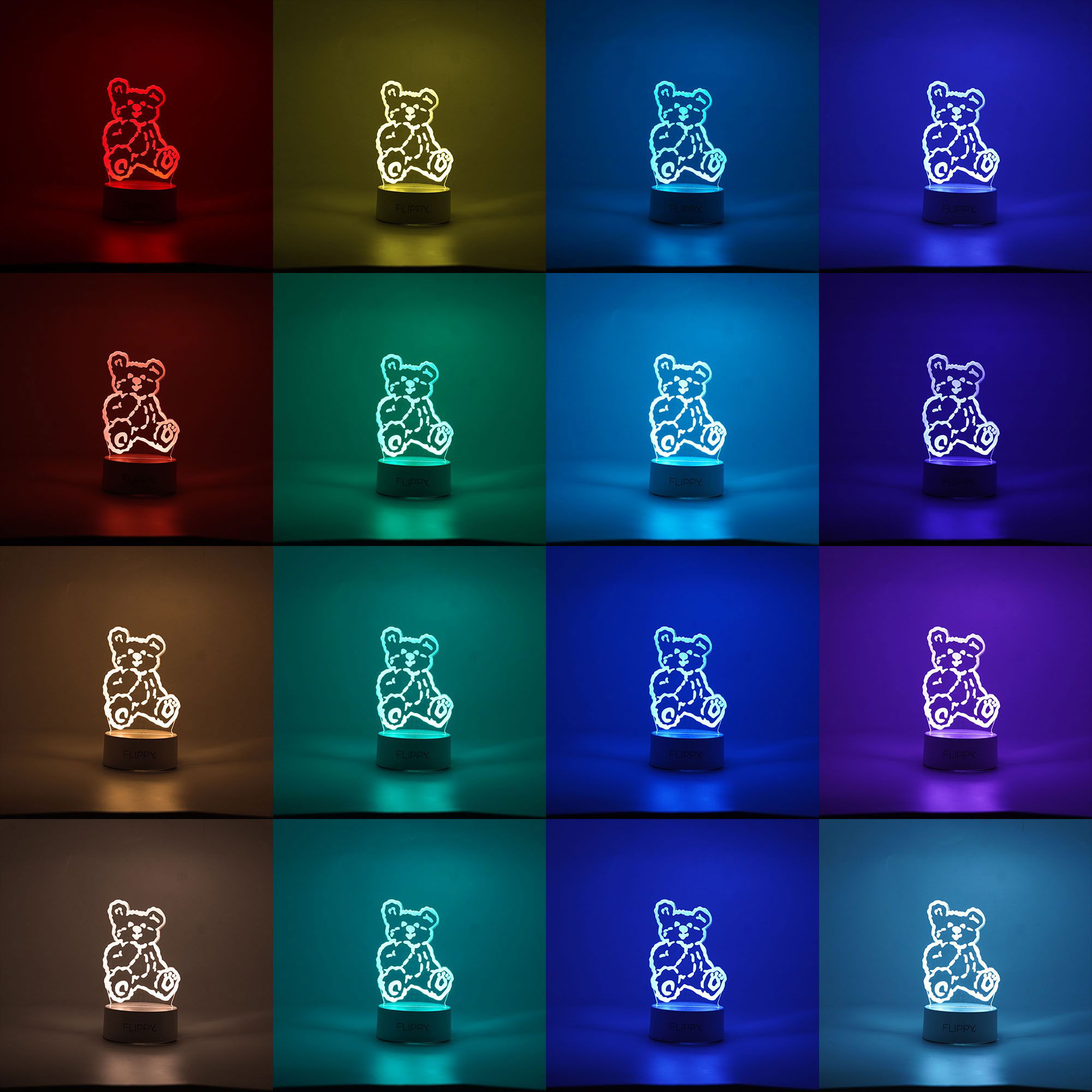 Lampi de veghe - Lampa LED decorativa, Flippy, 3D, Ursulet, cu telecomanda, doua moduri de alimentare USB si baterii, 20 cm inaltime, din material acril si lumina multicolora, alb