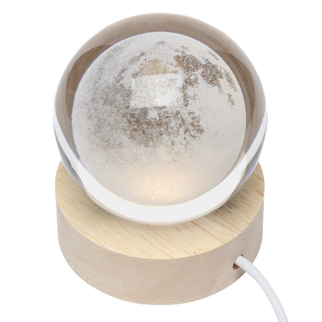 Lampi de veghe - Lampa LED Decorativa, Flippy, cu Bila de Cristal cu Diametru 6cm, Model Luna 3D, Alimentare USB, Suport din Lemn, Lumina Alb Cald