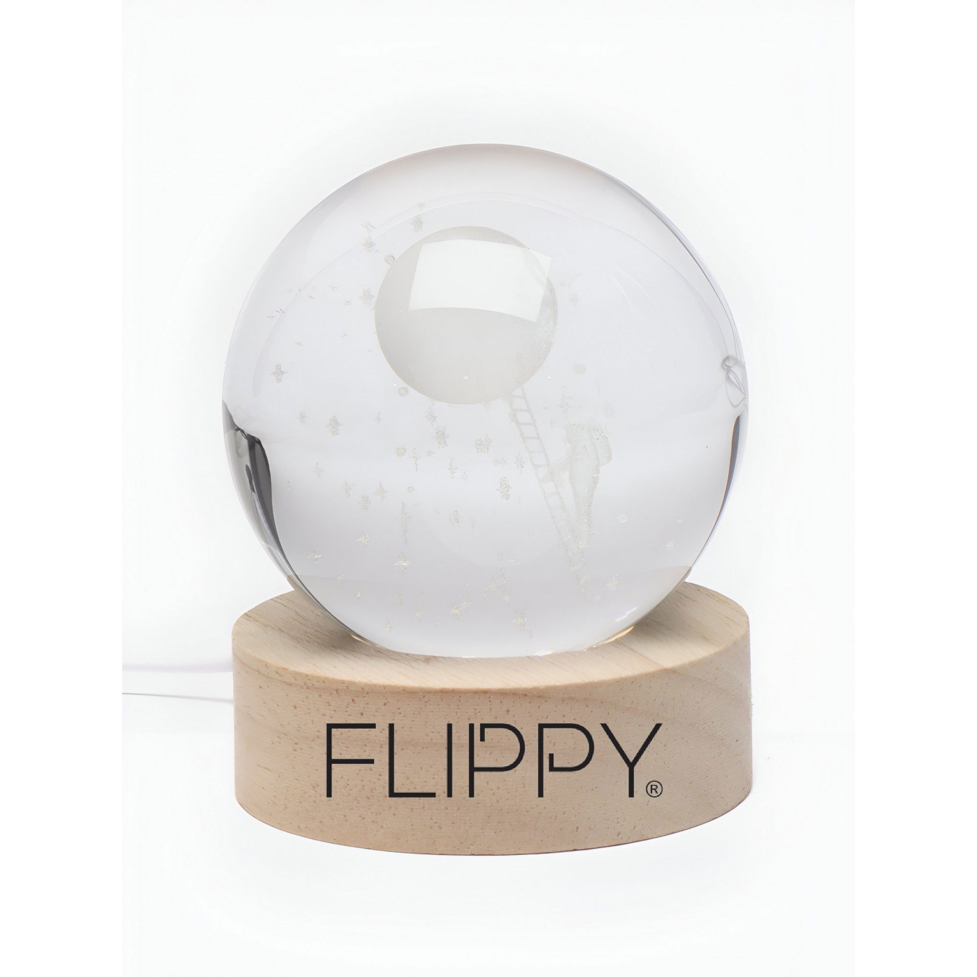 Lampa LED Decorativa, Flippy, cu Bila de Cristal cu Diametru 6cm, Model Astronaut pe Scara catre Luna 3D, Alimentare USB, Suport din Lemn, Lumina Alb Cald [5]