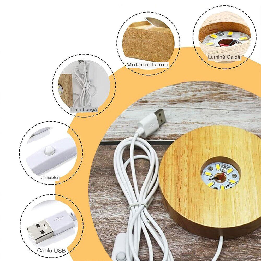 Lampa LED Decorativa, Flippy, cu Bila de Cristal cu Diametru 6cm, Model Brad de Craciun 3D, Alimentare USB, Suport din Lemn, Lumina Alb Cald [5]