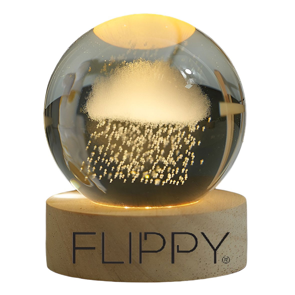 Lampi de veghe - Lampa LED Decorativa, Flippy, cu Bila de Cristal cu Diametru 6cm, Model Nor Ploios 3D, Alimentare USB, Suport din Lemn, Lumina Alb Cald