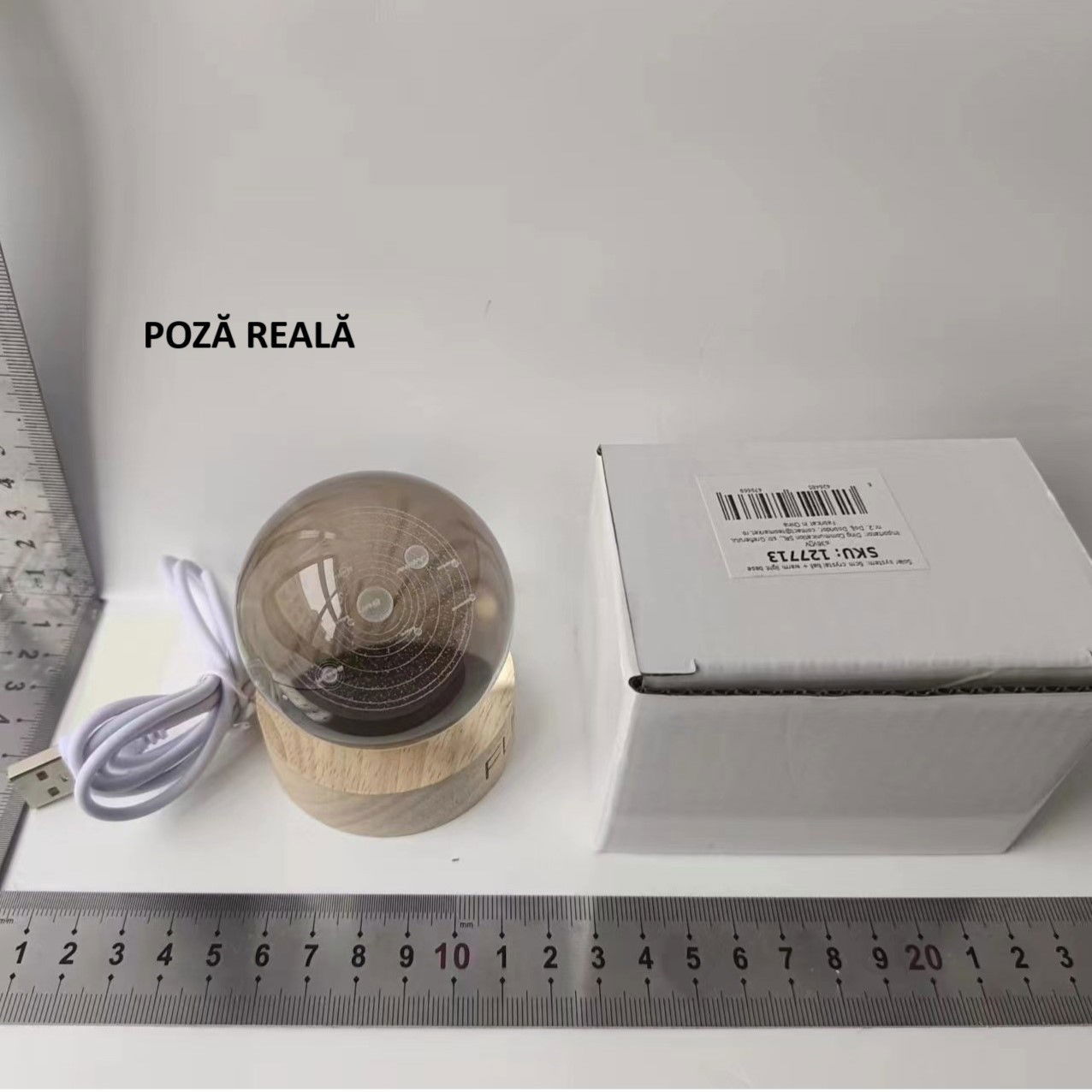 Lampa LED Decorativa, Flippy, cu Bila de Cristal cu Diametru 6cm, Model Sistemul Solar 3D, Alimentare USB, Suport din Lemn, Lumina Alb Cald [7]