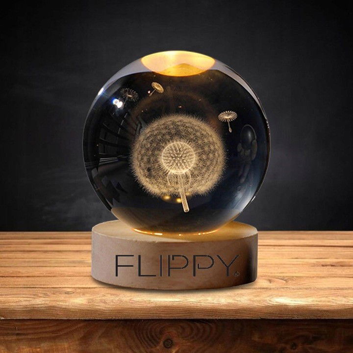 Lampa LED Decorativa, Flippy, cu Bila de Cristal cu Diametru 6cm, Model Papadie 3D, Alimentare USB, Suport din Lemn, Lumina Alb Cald [4]