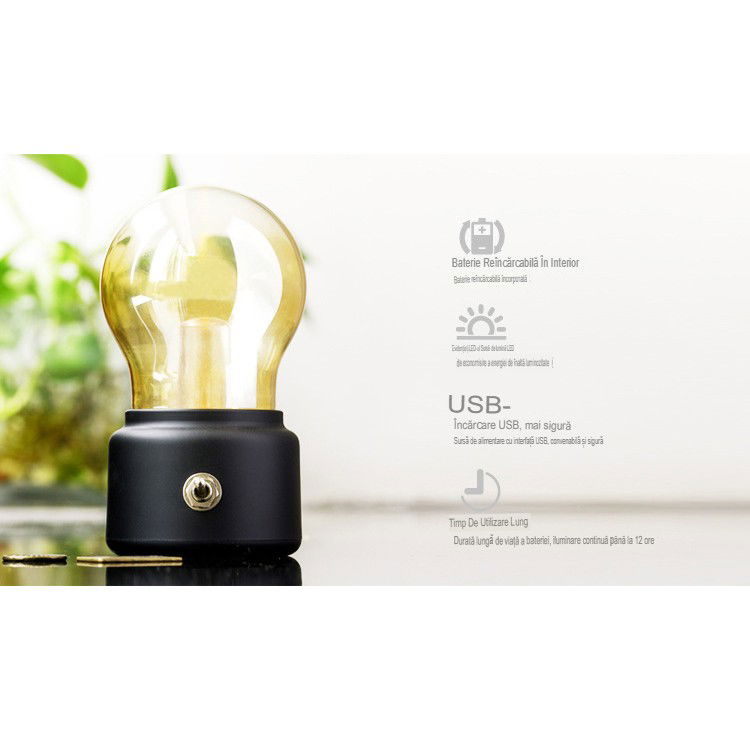 Lampa LED Decorativa sub forma de Bulb, Retro pentru interior, Negru/ Transparent, 5 V, 500 mA, ABS, Lumina Calda, Incarcare USB, Autonimie 12 Ore, Comutator Metalic, Flippy, 11x7x6 cm [5]