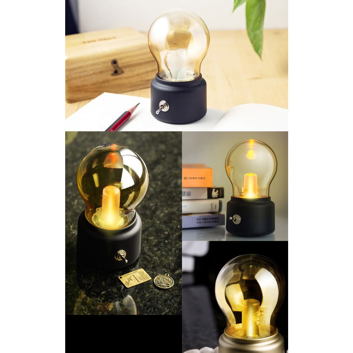 Lampa LED Decorativa sub forma de Bulb, Retro pentru interior, Negru/ Transparent, 5 V, 500 mA, ABS, Lumina Calda, Incarcare USB, Autonimie 12 Ore, Comutator Metalic, Flippy, 11x7x6 cm [7]