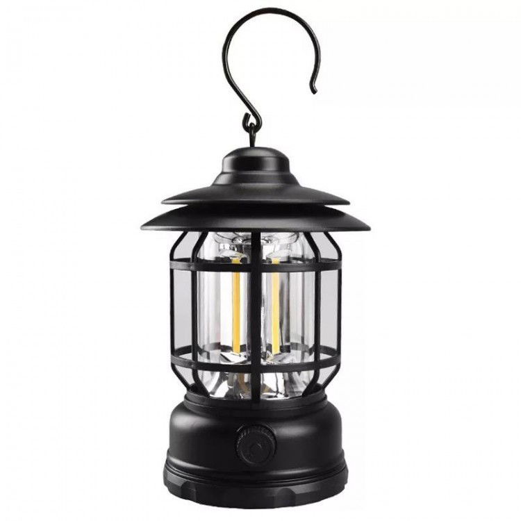 Articole pentru Gradina si Bricolaj - Lampa portabila camping, Felinar Vintage cu carlig, ABS, Iluminare 21 COB LED, Intensitate reglabila, 5W, Flippy, Negru