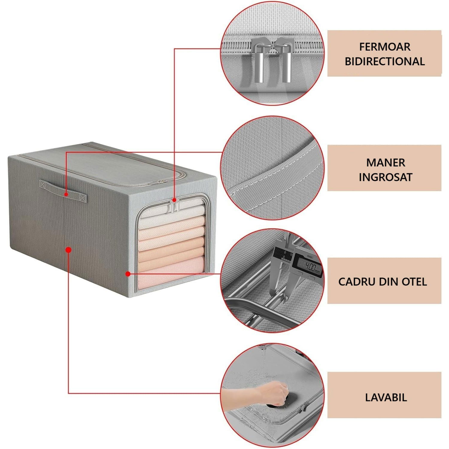 Cutii depozitare - Cutie de Depozitare, Flippy, 49L, din In si Bumbac, Pliabila, Cadru din Otel, 47 x 35 x 30 cm, Albastru Fumuriu