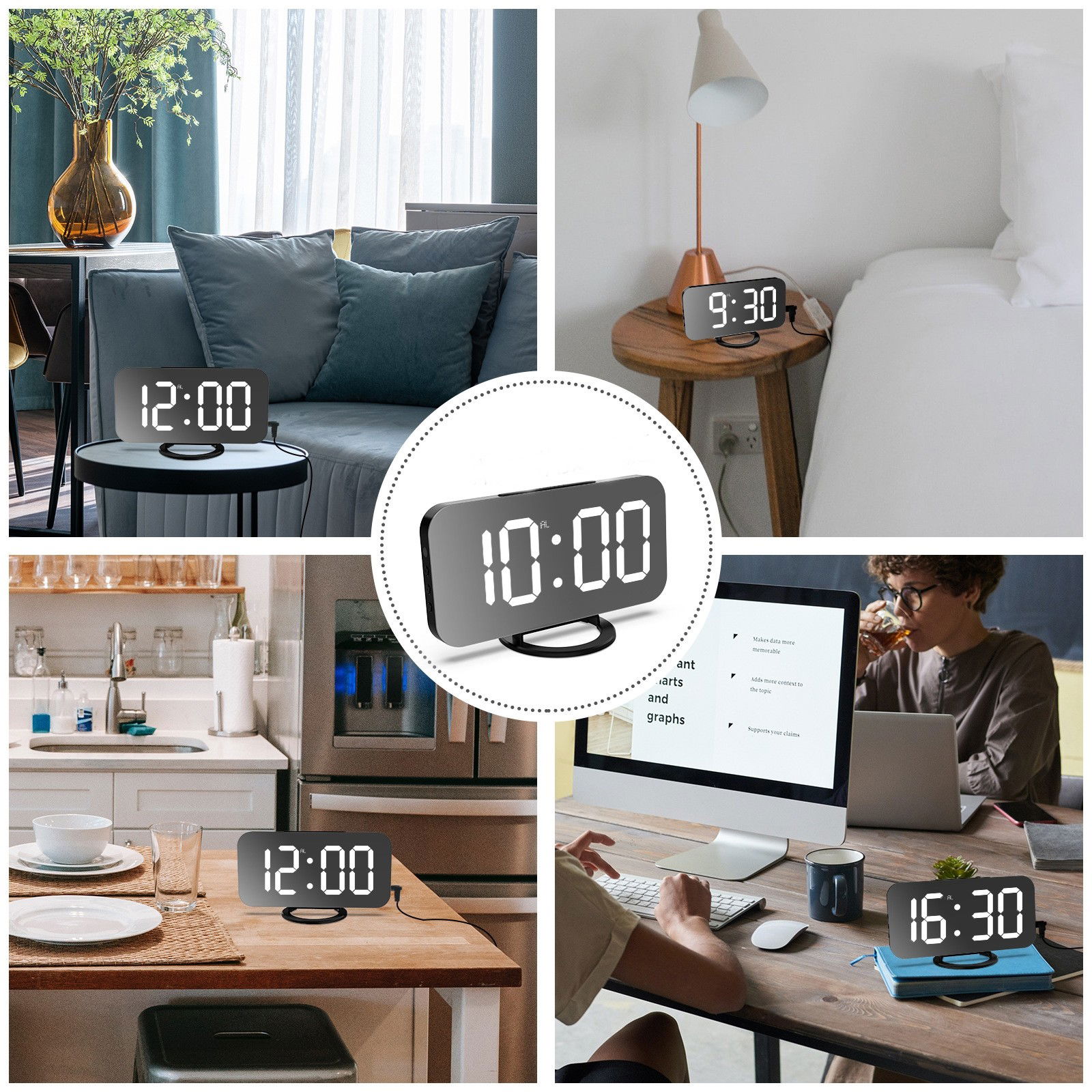 Diverse Casa - Ceas digital cu LED, Flippy, multifunctional, afisaj digital, alarma, 2 porturi USB de iesire, ecran tip oglinda, modern, 15.8 cm, alb