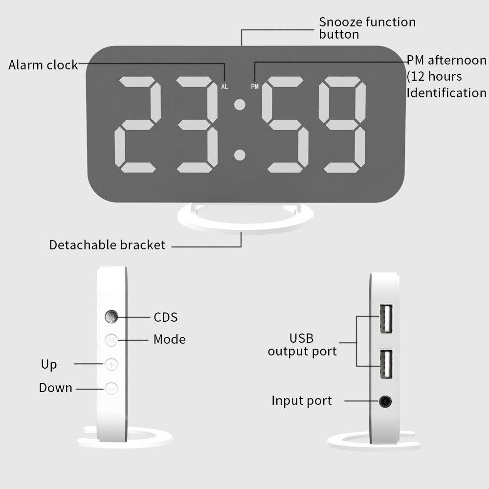 Ceas digital cu LED, Flippy, multifunctional, afisaj digital, alarma, 2 porturi USB de iesire, ecran tip oglinda, modern, 15.8 cm, alb [13]
