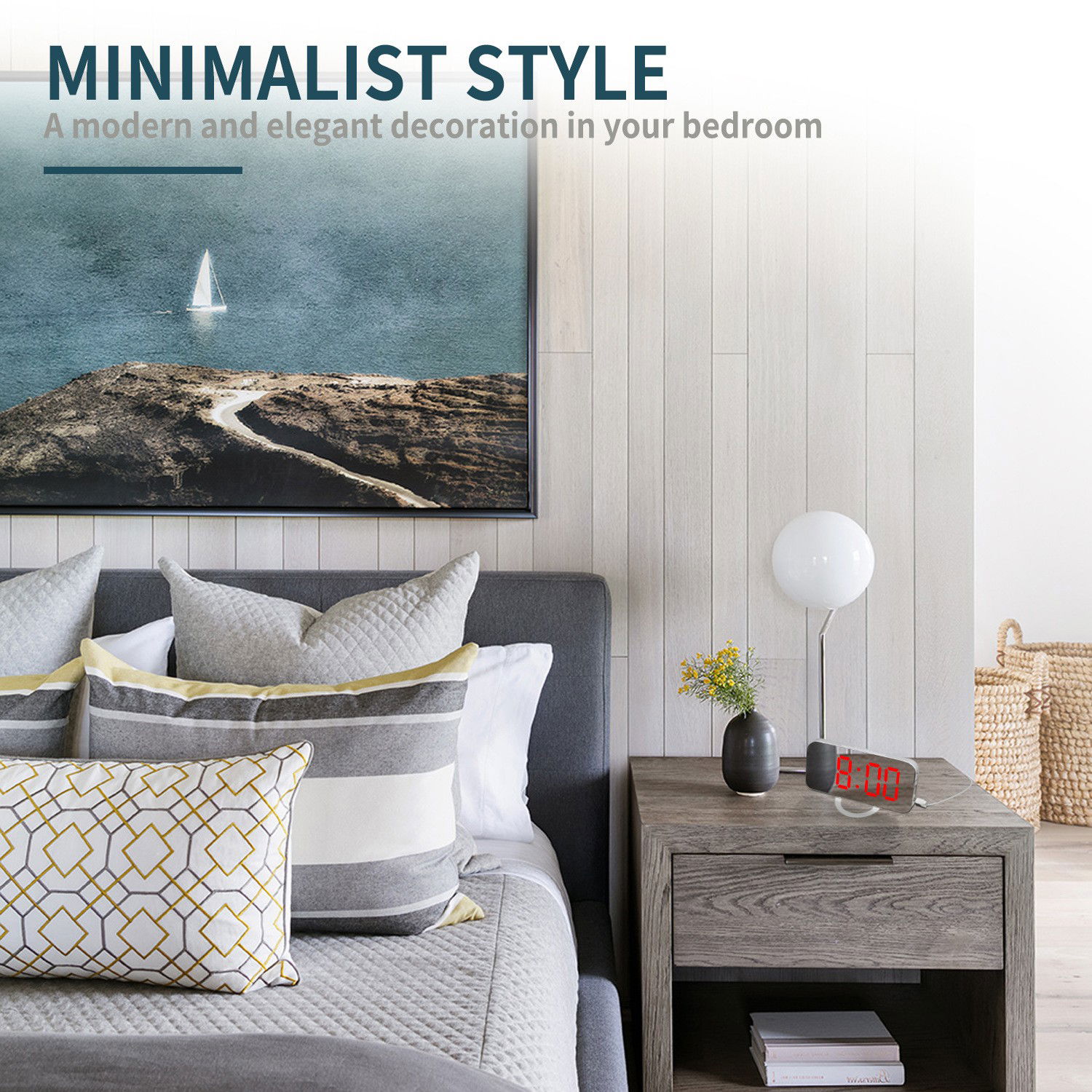 Ceas digital cu LED, Flippy, multifunctional, afisaj digital, alarma, 2 porturi USB de iesire, ecran tip oglinda, modern, 15.8 cm, alb [16]