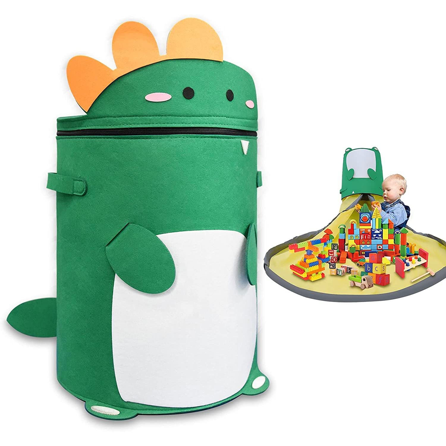 Cutie de Depozitare 2In1, Flippy, Impermeabila, Covor pentru Jucarii si Lego 150cm, Capacitate Mare, cu Manere, cu Sfori, Inaltime 40cm, Model Dinozaur, Verde [5]