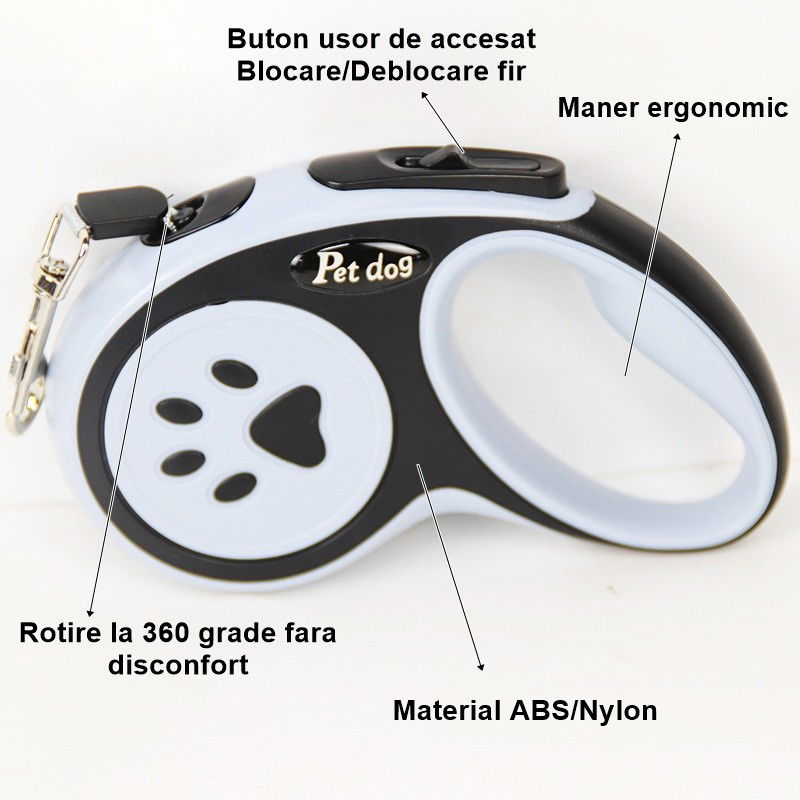 Lesa Automata Retractabila, Flippy, pentru Caini, 3m, 20 kg, ABS, Negru/Bleu, 8x12x4 cm [3]