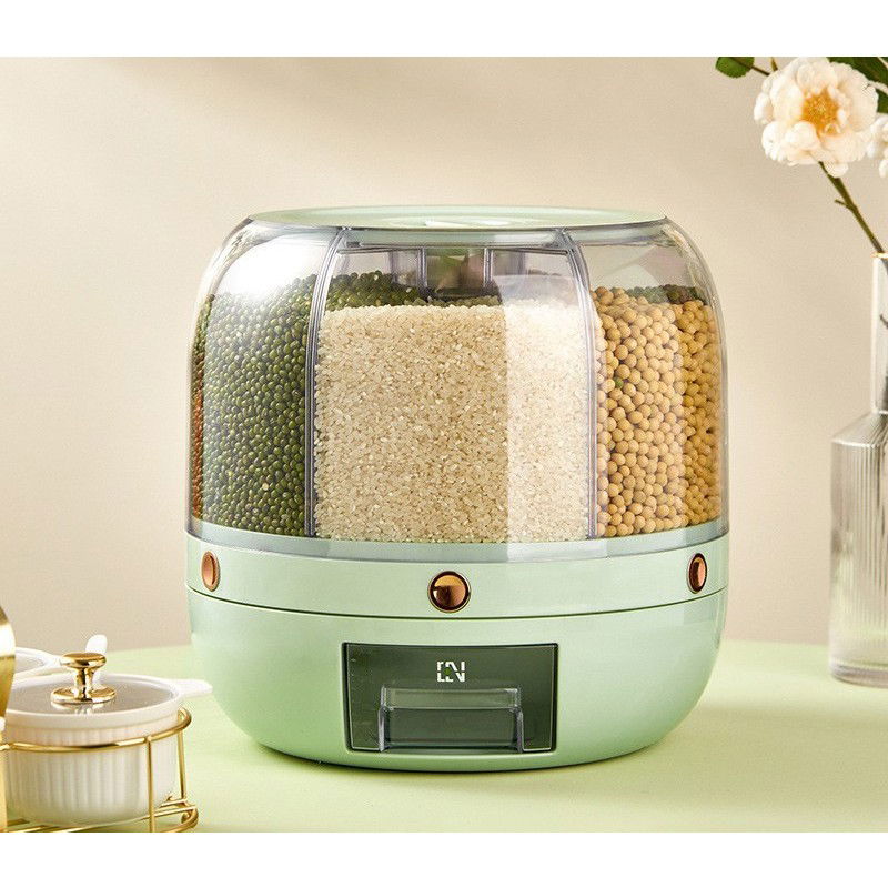 Organizatoare si Depozitare Bucatarie - Dozator de cereale Flippy, rotativ 360, 6 compartimente, capacitate 6 L, rezistent la umezeala, inchidere etansa, verde deschis