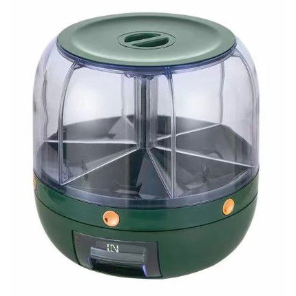Organizatoare si Depozitare Bucatarie - Dozator de cereale Flippy, rotativ 360, 6 compartimente, capacitate 6 L, rezistent la umezeala, inchidere etansa, verde