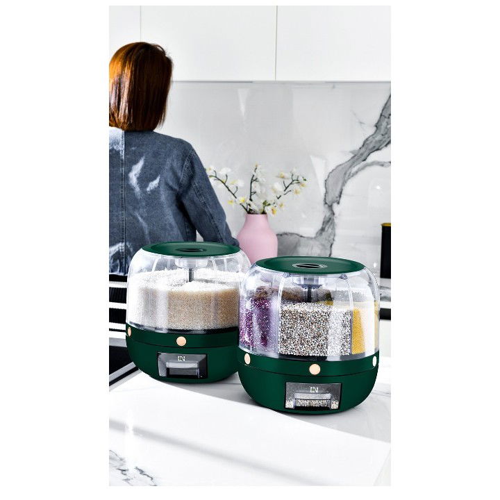 Dozator de cereale Flippy, rotativ 360, 6 compartimente, capacitate 3 L, rezistent la umezeala, inchidere etansa, verde inchis [9]