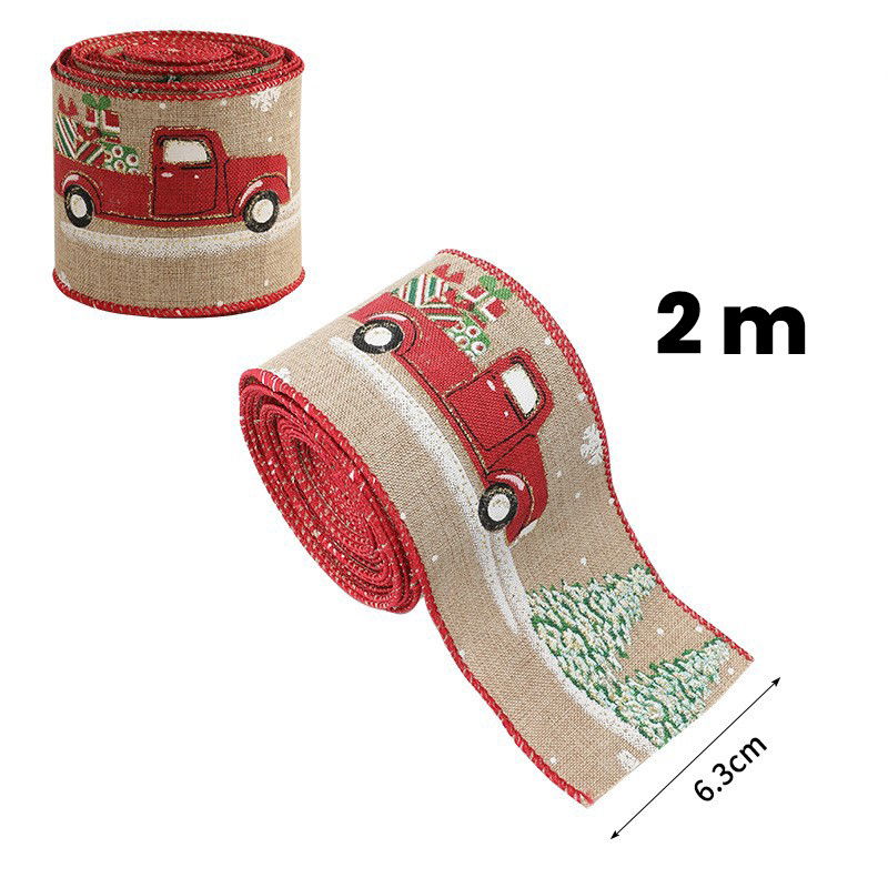 Panglica Decorativa pentru Craciun, Flippy, Ornament pentru Brad de Craciun, Pretreceri, Panglica cu Design Masina Rosie, 200 x 6.3 cm, Khaki  [3]