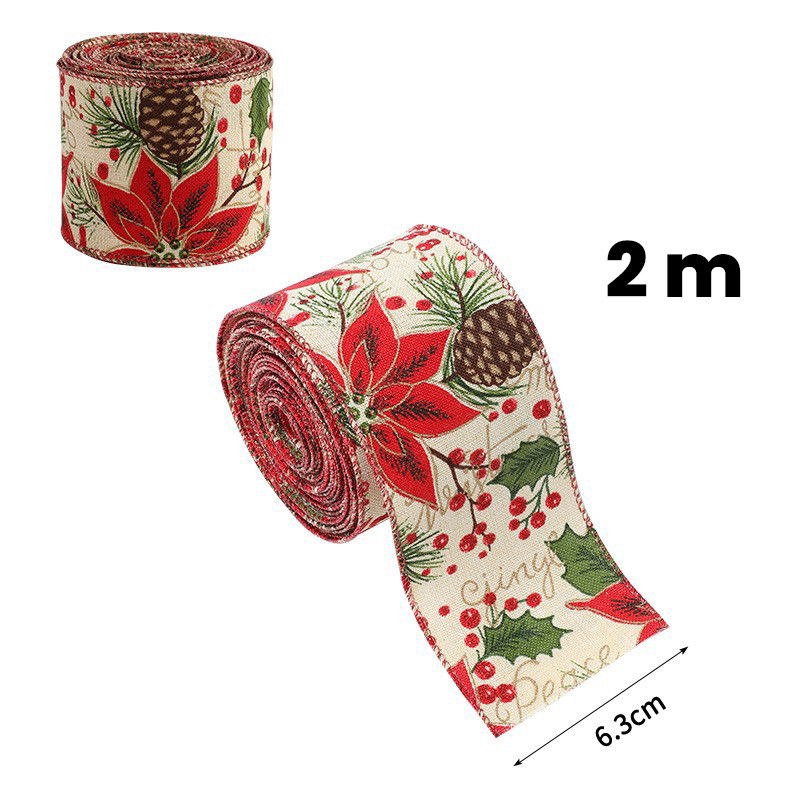 Panglica Decorativa pentru Craciun, Flippy, Ornament pentru Brad de Craciun, Pretreceri, Panglica cu Design Conuri si Floare Rosie, 200 x 6.3 cm, Khaki  [3]