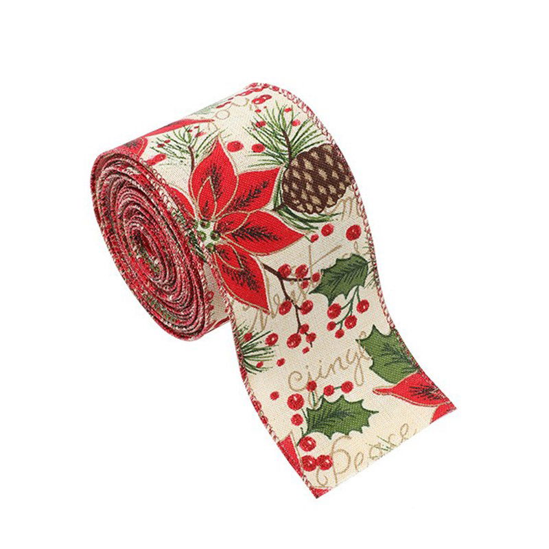 Panglica Decorativa - Panglica Decorativa pentru Craciun, Flippy, Ornament pentru Brad de Craciun, Pretreceri, Panglica cu Design Conuri si Floare Rosie, 200 x 6.3 cm, Khaki 