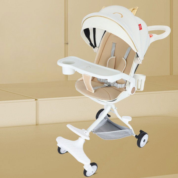 Carucioare Copii - Carucior Sport Flippy 3in1, 6-36 Luni, Reversibil, Pliabil, Tavita pentru Masa, Pozitie de Somn, Centura de Siguranta, Roti 360, Suport Pahar, Copertina pentru Soare, 33x66x85cm, Alb Model Pisica