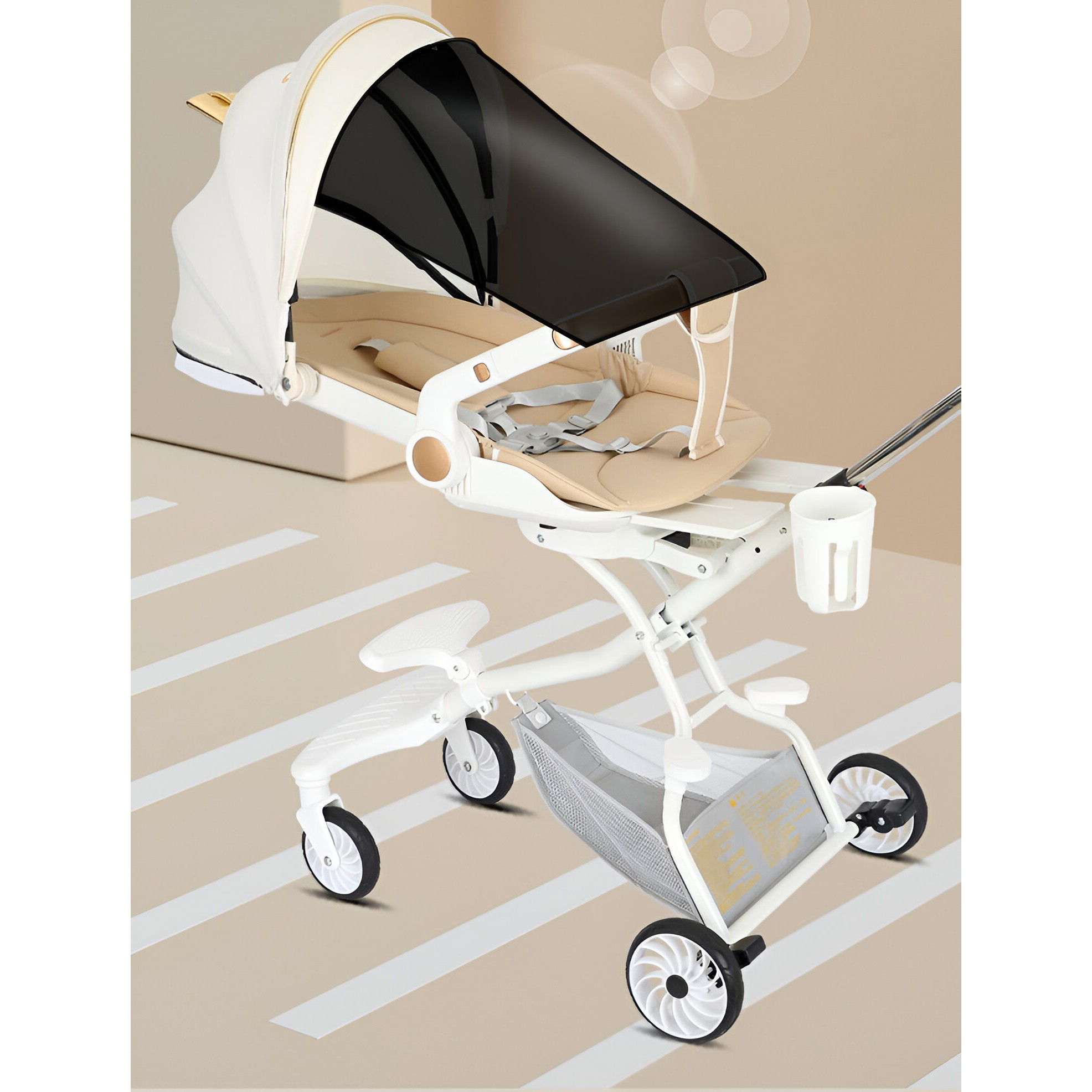 Carucior Sport Flippy 3in1, 6-36 Luni, Reversibil, Pliabil, Tavita pentru Masa, Pozitie de Somn, Centura de Siguranta, Roti 360, Suport Pahar, Copertina pentru Soare, 33x66x85cm, Alb Model Pisica [7]