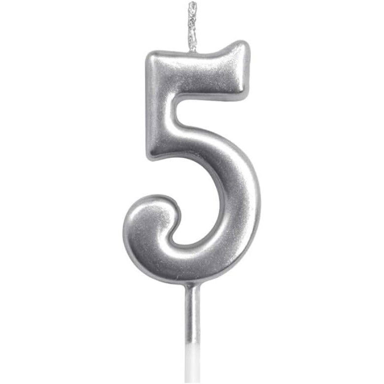 10 - 25 LEI - Lumanare de Tort, Flippy, Model Cifra 5, Party, 4.5 x 2.5 cm, din Parafina, Argintiu