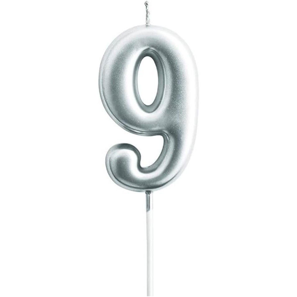 Lumanari si Toppere - Lumanare de Tort, Flippy, Model Cifra 9, Party, 4.5 x 2.5 cm, din Parafina, Argintiu