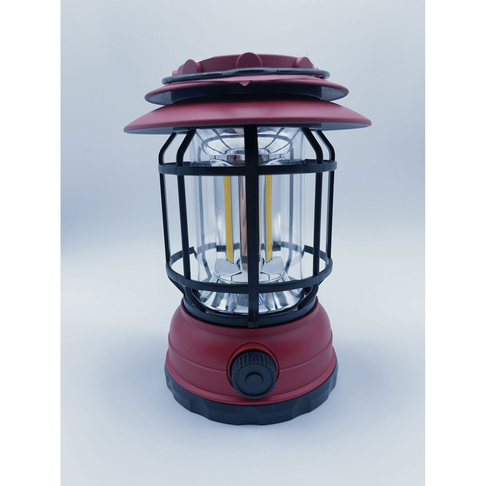 Articole pentru Gradina si Bricolaj - Lampa portabila camping, Felinar Vintage, ABS, Iluminare 30 COB LED, Intensitate reglabila, Acumulator inclus, Incarcare Solara si USB, 5W, Flippy, Rosu