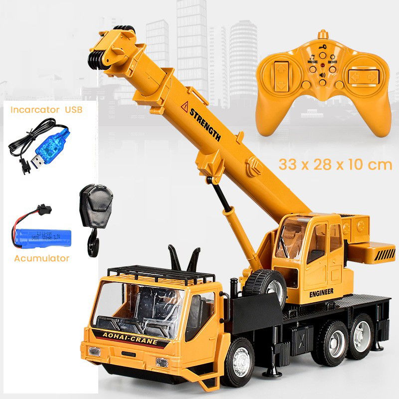 Jucarii pentru copii - Macara Jucarie pentru Copii, Flippy, Jucarie Macara cu Telecomanda, Jucarie de Constructie, Acumulator cu Incarcare USB, 33 x 28 x 10 cm, Galben