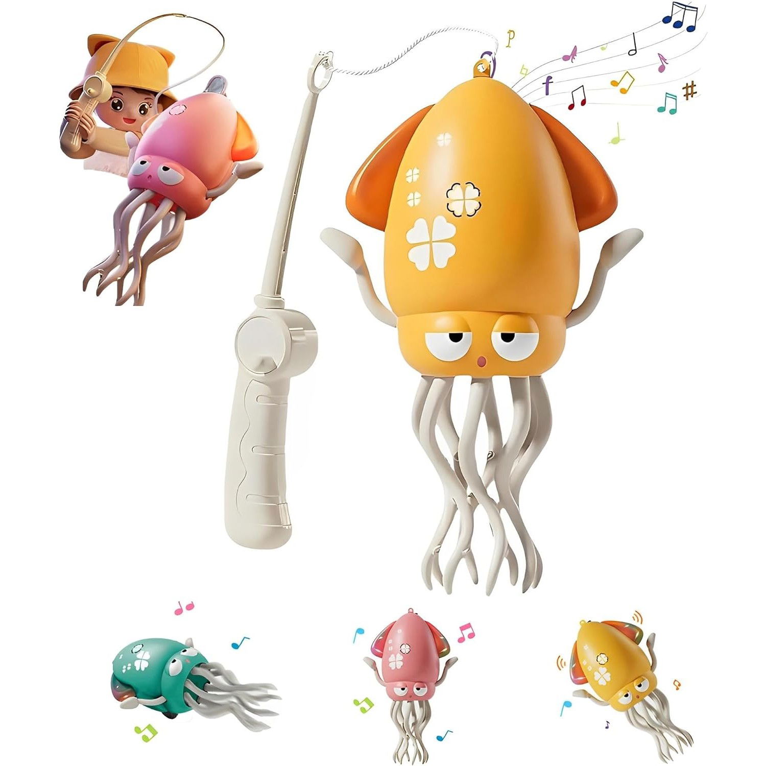 Caracatita Dansatoare, Flippy, +3 Ani, 3 Moduri, din ABS, Incarcare USB, cu Undita Inclusa, 12.6 x 7.6 x 20.7 cm, Galben [4]