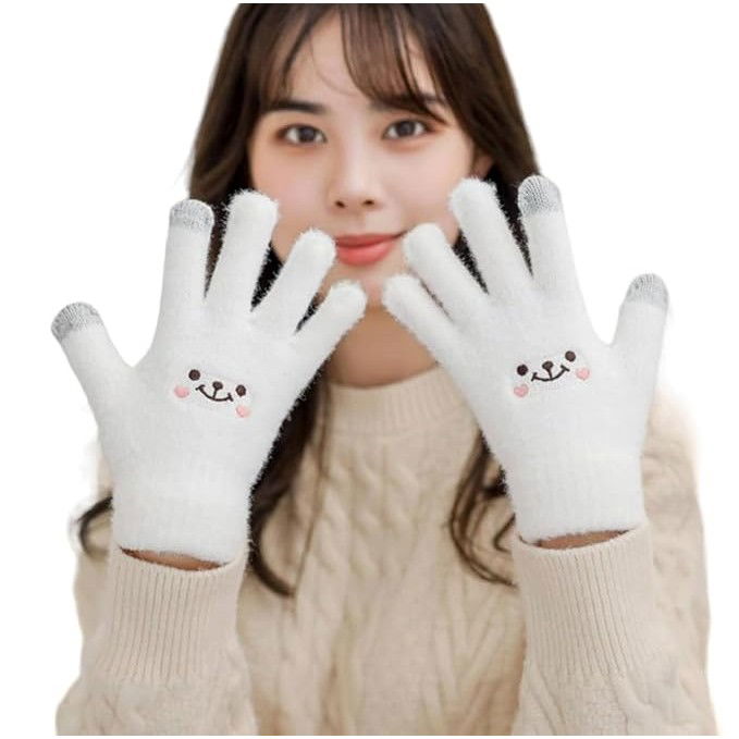 Manusi Dama, Flippy, Model Fata Zambitoare, Functie Touchscreen (ecran tactil), Material Lana Brodata, Manseta Elastica, Interior Pufos, Marime Universala, Alb [5]