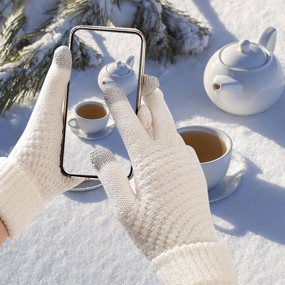 Manusi de Dama, Flippy, Functie Touchscreen (ecran tactil), Material Acril Tricotat, Manseta Elastica, Interior Catifelat, Marime Universala, Alb [3]