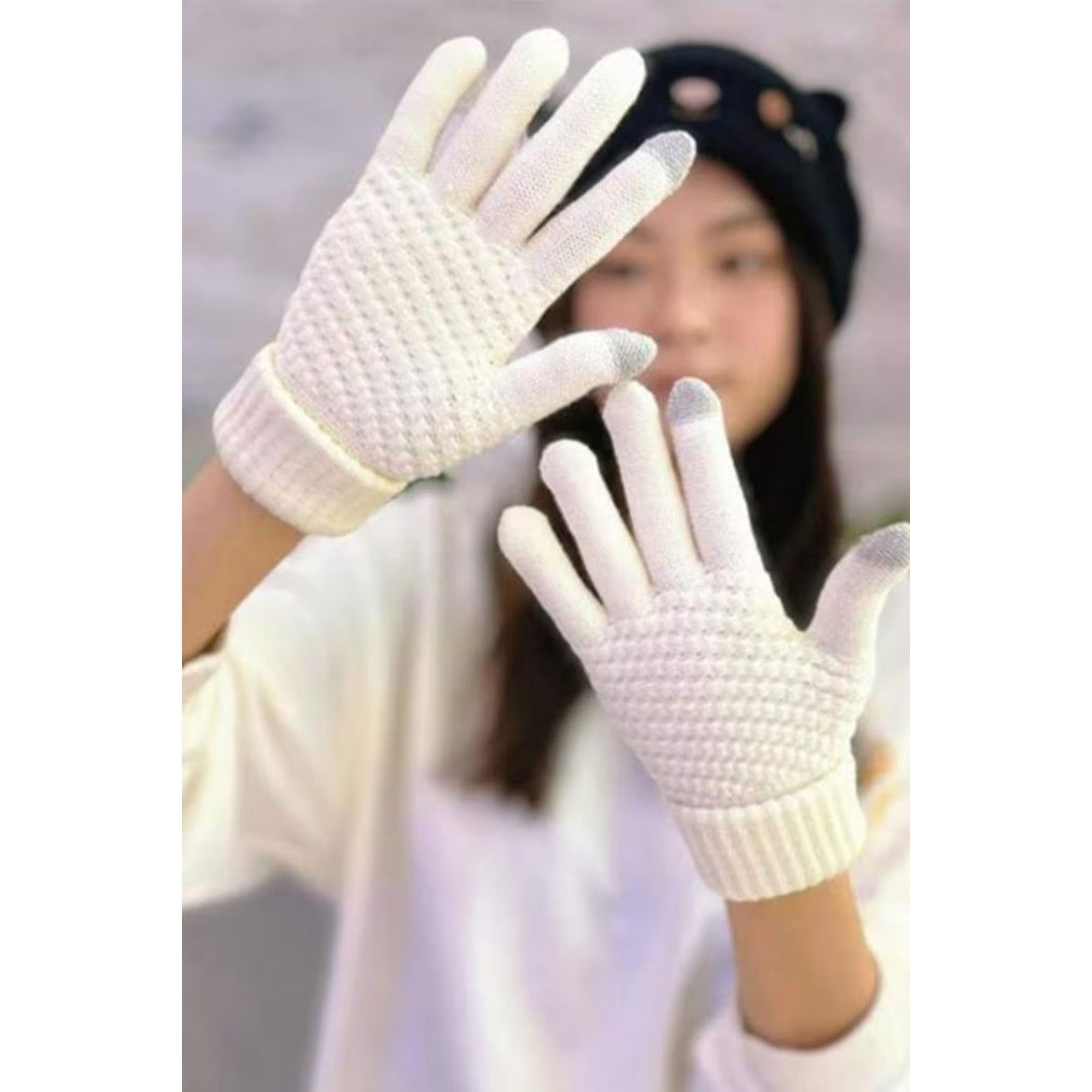 10 - 25 LEI - Manusi de Dama, Flippy, Functie Touchscreen (ecran tactil), Material Acril Tricotat, Manseta Elastica, Interior Catifelat, Marime Universala, Alb