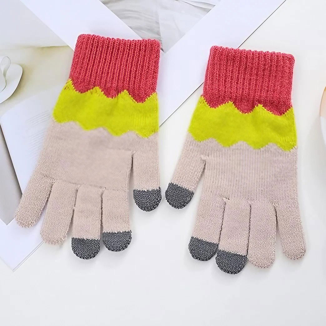 Manusi de Dama, Flippy, Model Ondulat, Functie Touchscreen (ecran tactil), Material Acril Tricotat, Manseta Elastica, Interior Catifelat, Marime Universala, Galben/Roz [3]