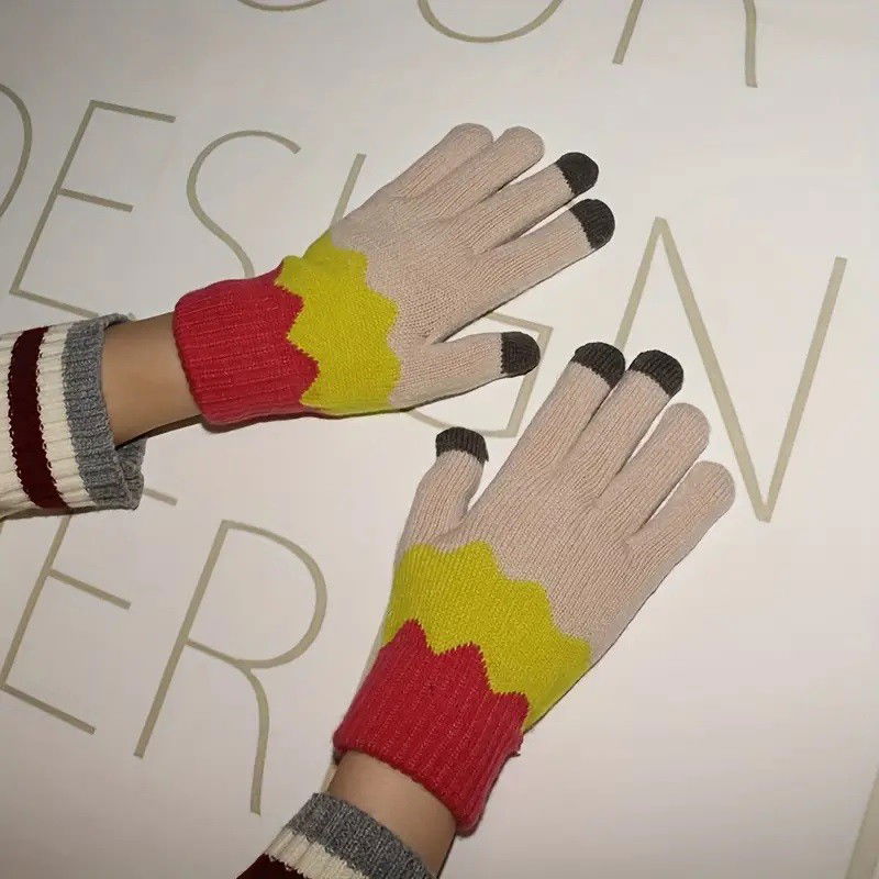 Manusi de Dama, Flippy, Model Ondulat, Functie Touchscreen (ecran tactil), Material Acril Tricotat, Manseta Elastica, Interior Catifelat, Marime Universala, Galben/Roz [5]