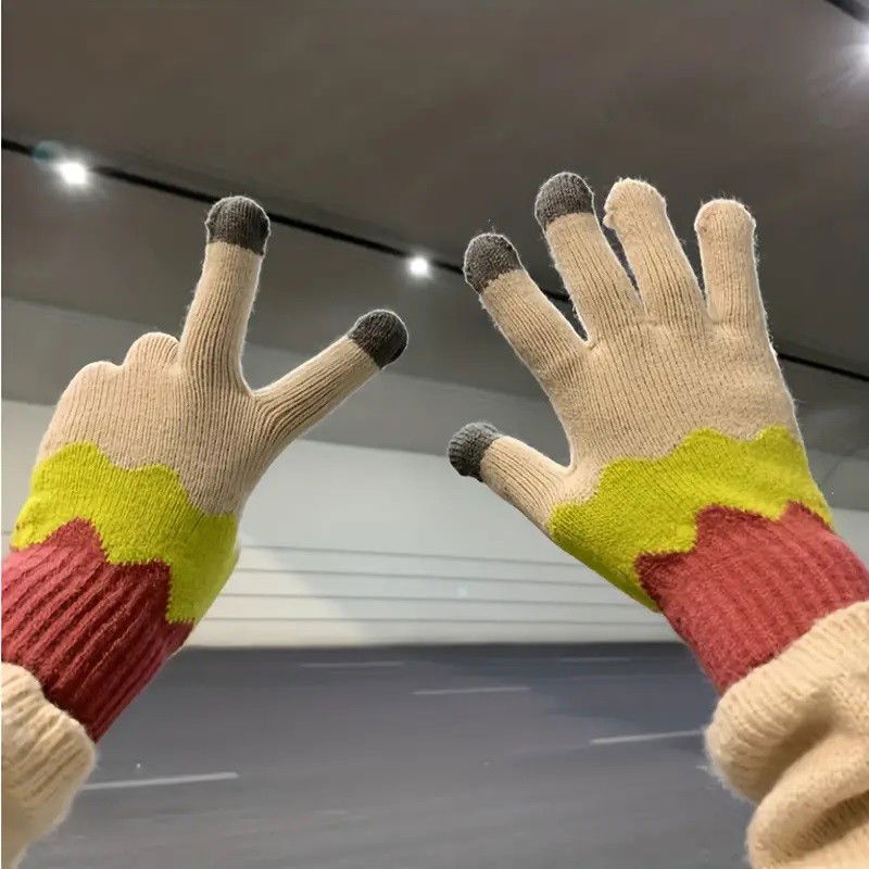 Manusi de Dama, Flippy, Model Ondulat, Functie Touchscreen (ecran tactil), Material Acril Tricotat, Manseta Elastica, Interior Catifelat, Marime Universala, Galben/Roz [6]