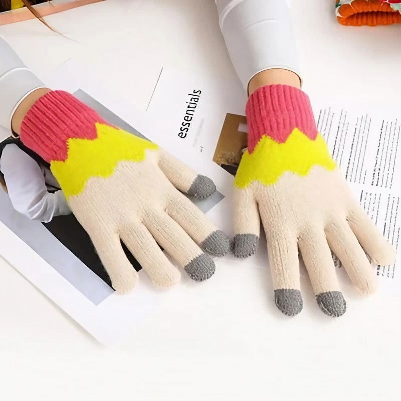 Manusi de Dama, Flippy, Model Ondulat, Functie Touchscreen (ecran tactil), Material Acril Tricotat, Manseta Elastica, Interior Catifelat, Marime Universala, Galben/Roz [8]