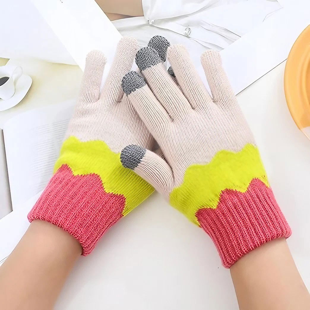 Manusi de Dama, Flippy, Model Ondulat, Functie Touchscreen (ecran tactil), Material Acril Tricotat, Manseta Elastica, Interior Catifelat, Marime Universala, Galben/Roz [7]