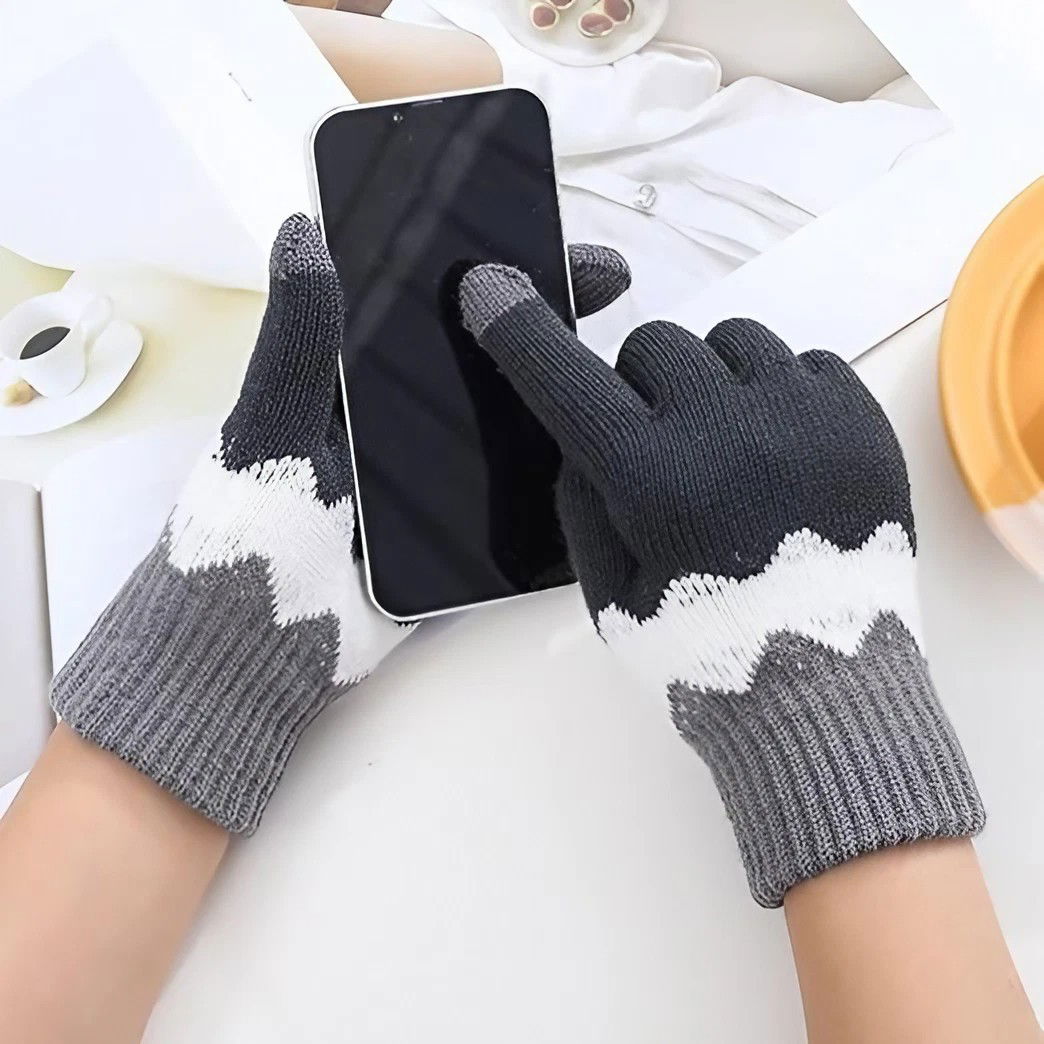 Manusi de Dama, Flippy, Model Ondulat, Functie Touchscreen (ecran tactil), Material Acril Tricotat, Manseta Elastica, Interior Catifelat, Marime Universala, Gri/Alb [5]