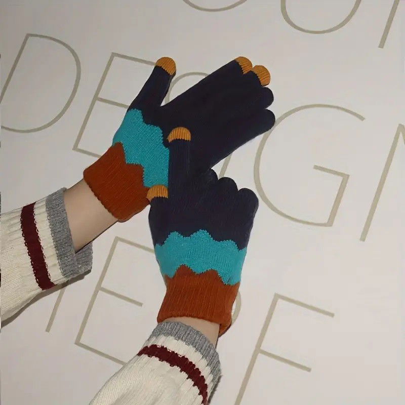 Manusi de Dama, Flippy, Model Ondulat, Functie Touchscreen (ecran tactil), Material Acril Tricotat, Manseta Elastica, Interior Catifelat, Marime Universala, Portocaliu/Albastru [3]