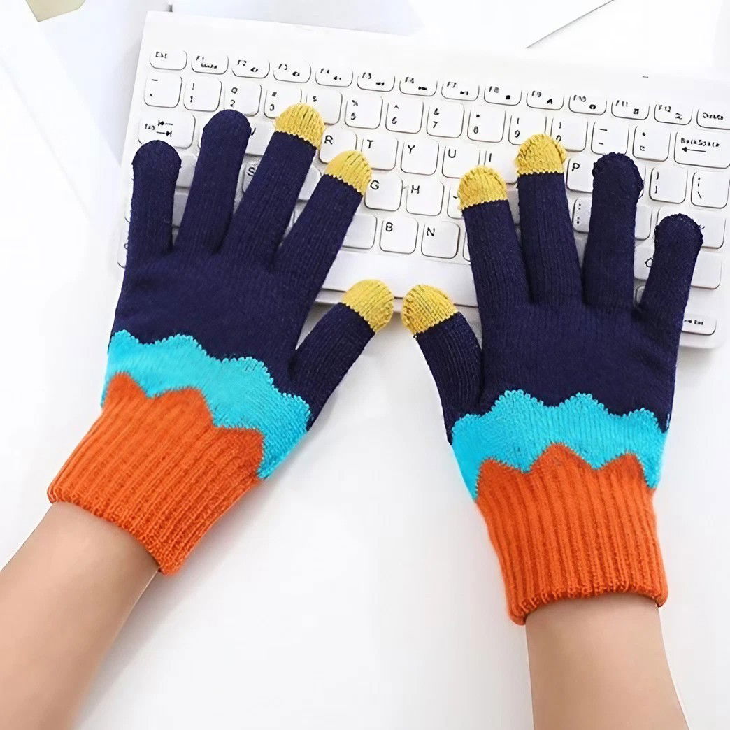 Manusi de Dama, Flippy, Model Ondulat, Functie Touchscreen (ecran tactil), Material Acril Tricotat, Manseta Elastica, Interior Catifelat, Marime Universala, Portocaliu/Albastru [7]