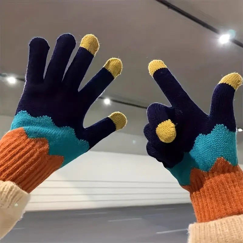 Manusi de Dama, Flippy, Model Ondulat, Functie Touchscreen (ecran tactil), Material Acril Tricotat, Manseta Elastica, Interior Catifelat, Marime Universala, Portocaliu/Albastru [5]