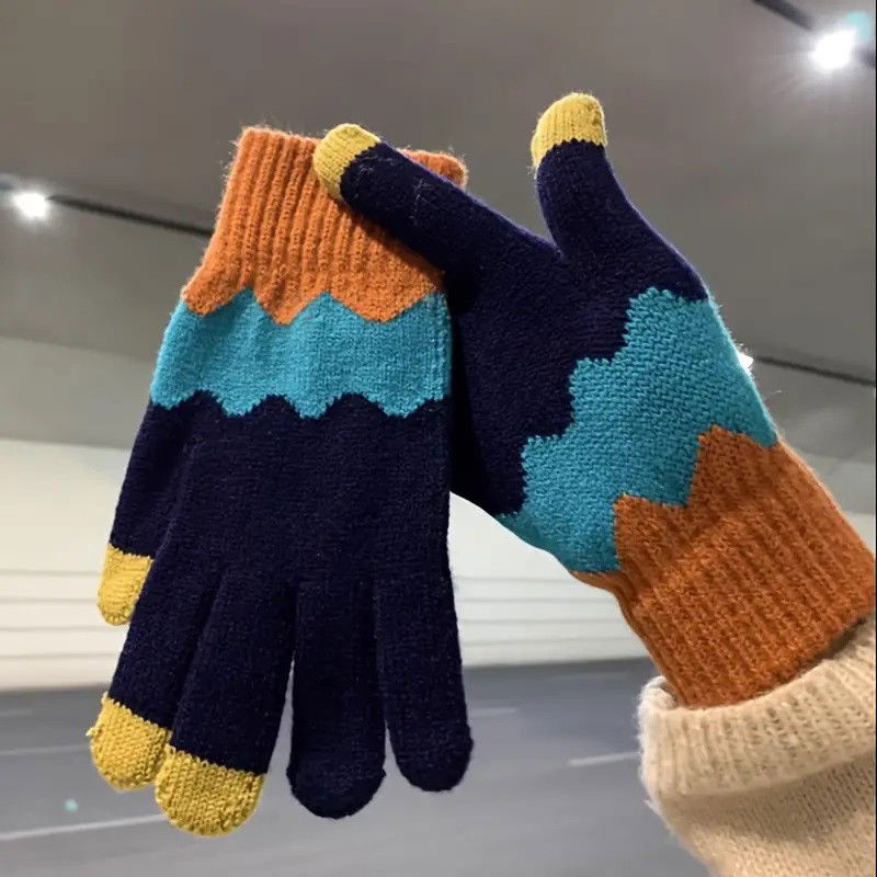 Manusi de Dama, Flippy, Model Ondulat, Functie Touchscreen (ecran tactil), Material Acril Tricotat, Manseta Elastica, Interior Catifelat, Marime Universala, Portocaliu/Albastru [4]