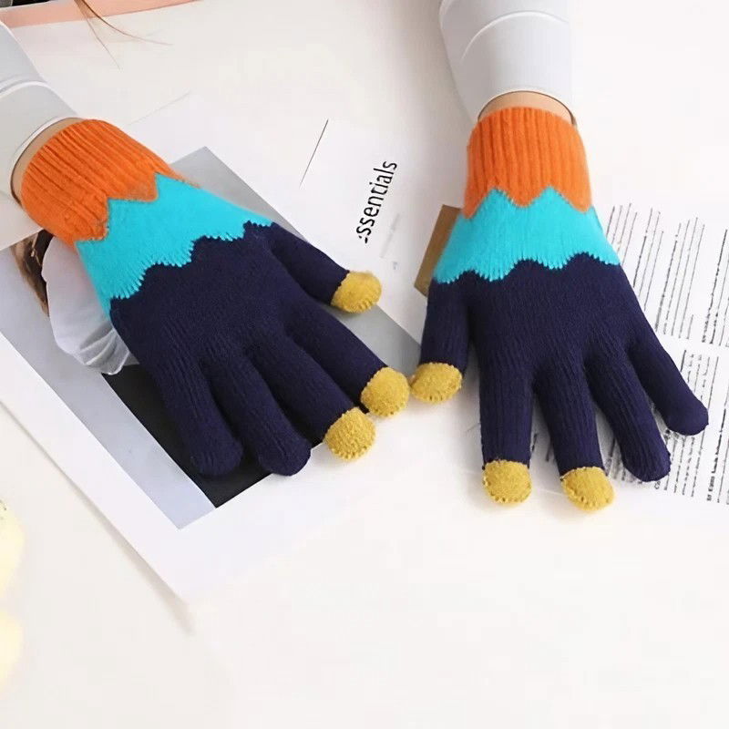 Manusi de Dama, Flippy, Model Ondulat, Functie Touchscreen (ecran tactil), Material Acril Tricotat, Manseta Elastica, Interior Catifelat, Marime Universala, Portocaliu/Albastru [10]