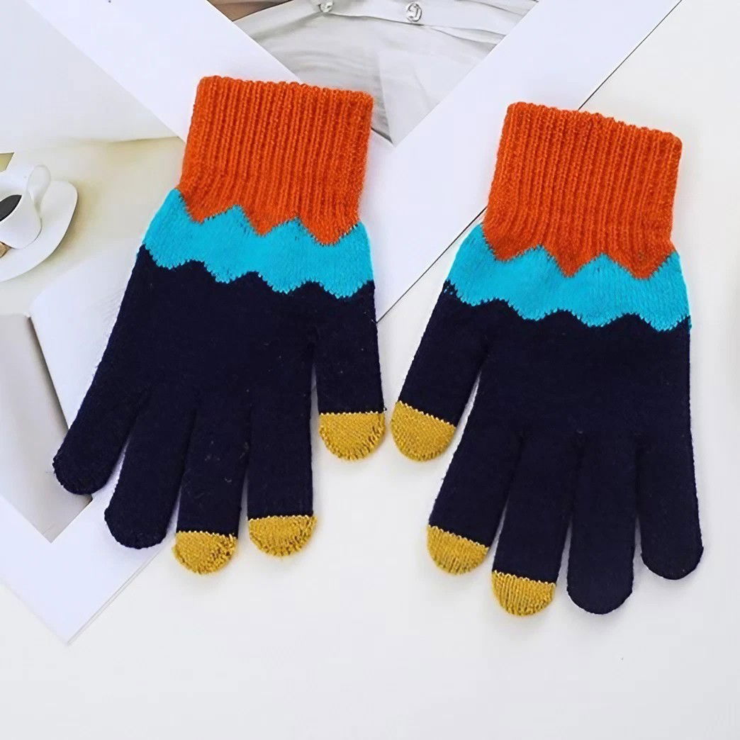 Manusi de Dama, Flippy, Model Ondulat, Functie Touchscreen (ecran tactil), Material Acril Tricotat, Manseta Elastica, Interior Catifelat, Marime Universala, Portocaliu/Albastru [8]