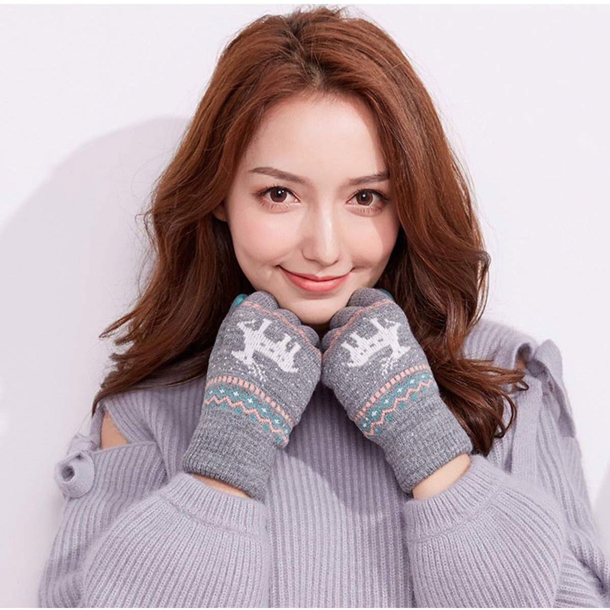 Manusi de Dama, Flippy, Model Ren, Functie Touchscreen (ecran tactil), Material Acril Tricotat, Manseta Elastica, Interior Catifelat, Marime Universala, Gri [8]