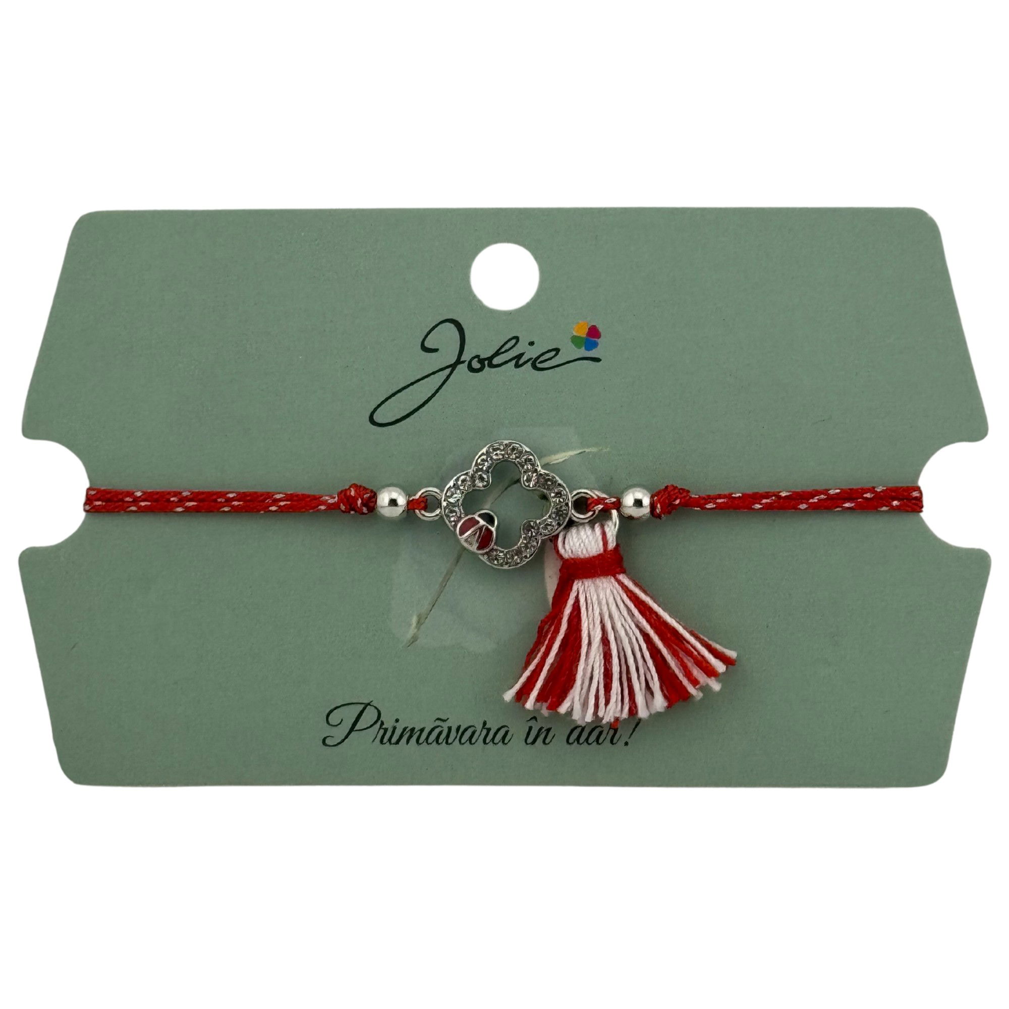 Martisor Bratara Ciucure, Jolie, Snur Rosu Reglabil, cu Pandantiv, Model Floare-Buburuza [1]